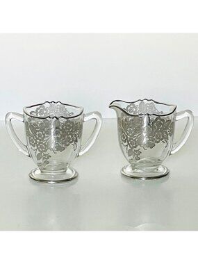Vintage New Martinsville Blossom Time Glass Creamer and Sugar Silver City #36